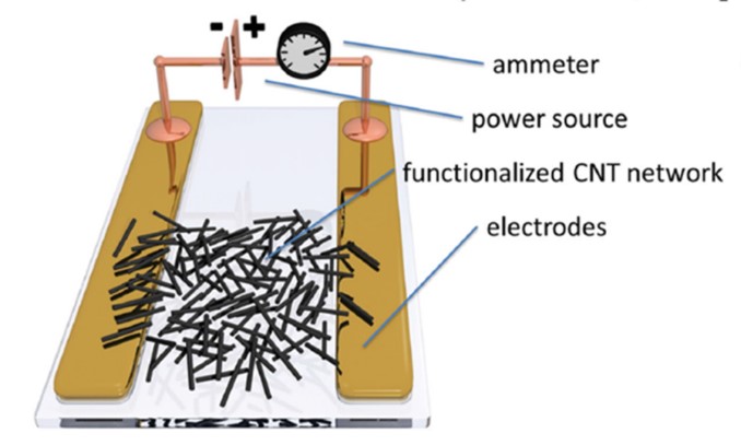 Sensore basato di nanotubi di carbonio funzionalizzati. La presenza di molecole di esplosivo nell’aria modifica la resistenza di contatto tra la rete dei nanotubi
